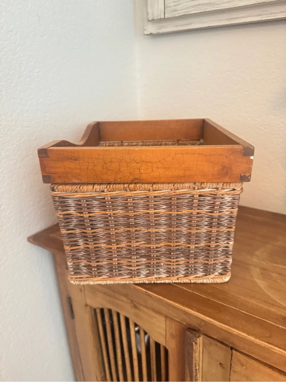 Rustic Woven Basket with Wooden Frame 11"x9"x7.5" Vintage Charm for Home - Picture 9 of 14